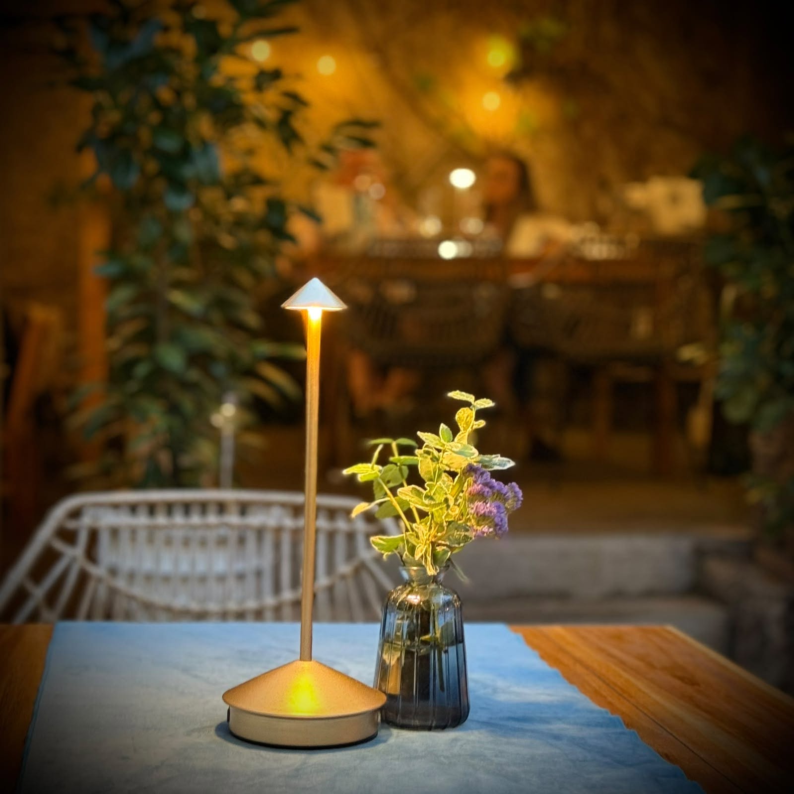 O lampă mică și un pahar cu flori pe o masă din grădină, cu sala luminată în spate